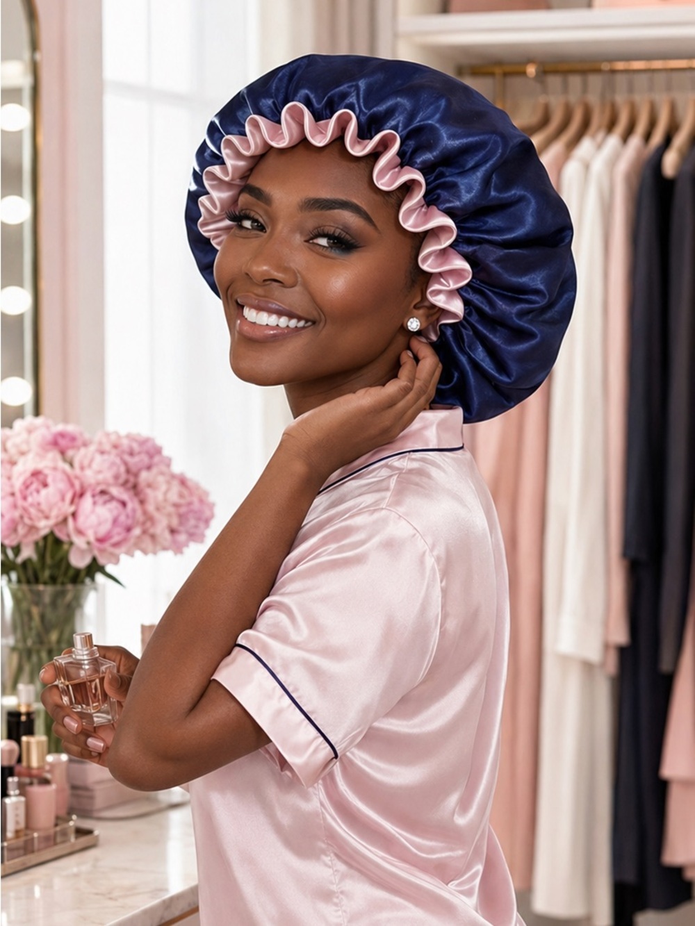 Reversible Satin Bonnet in Navy and Pink - Luxury Hair Protection